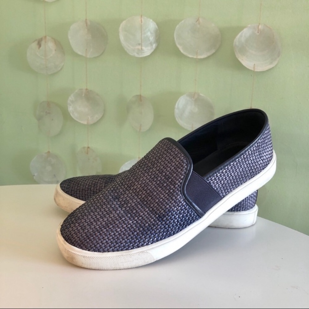 Vince Navy Preston Leather Woven Slip On Sneakers - Picture 1 of 6